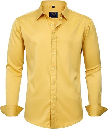 J.Ver Men's Dress Shirts Solid Long Sleeve Stretch Wrinkle-Free Shirt Regular Fit Casual Button Down Shirts Yellow at Amazon Men’s Clothing store