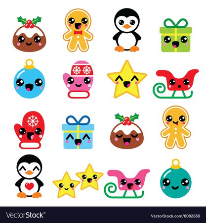 Christmas cute kawaii characters icons Royalty Free Vector