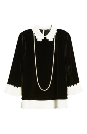 Karl Lagerfeld Paris Velvet Twofer Top with Imitation Pearl Necklace black