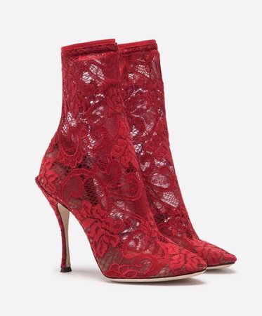 Red lace ankle high heel boots