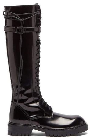 Knee High Lace Up Patent Leather Boots - Womens - Black