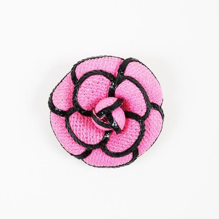 Pink & Black Tweed & Raffia Camellia Flower Brooch Pin Visit $295.00*
