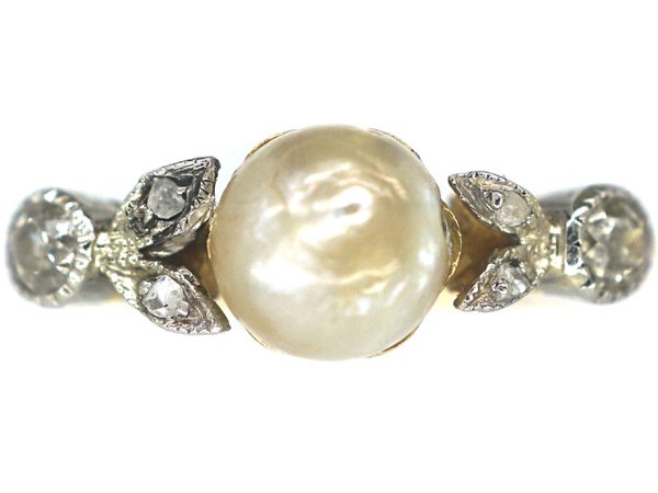 Edwardian 18ct Gold and Platinum Freshwater Pearl and Diamond Ring (374/O) | The Antique Jewellery Company