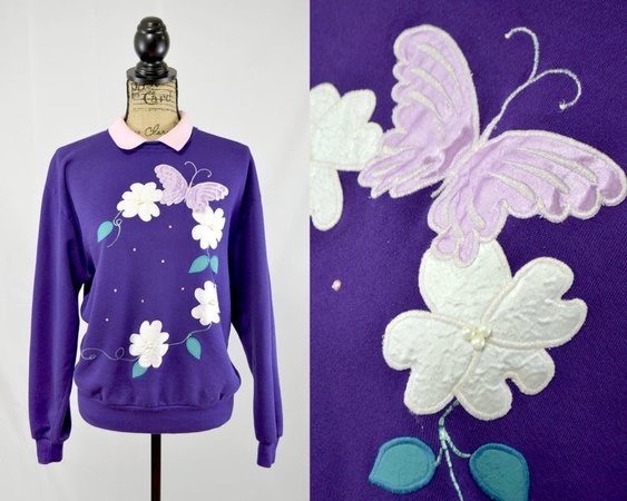 Vintage purple collared sweatshirt floral butterfly applique | Etsy