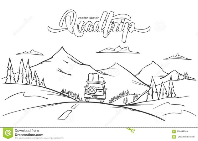 Vector Illustration: Hand Drawn Mountains Landscape With Rides Car And Handwritten Lettering Road Trip. Stock Vector - Illustration of freedom, hill: 108698208