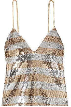 Chain-embellished Striped Sequined Crepe Camisole