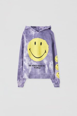 The World Needs You To Smile Lilac tie-dye smiley face hoodie PULL&BEAR