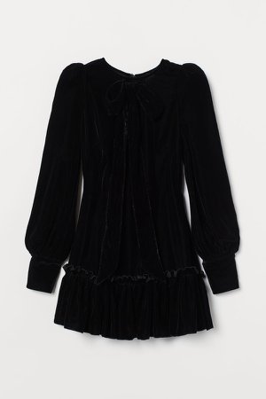 Bow-detail Velvet Dress - Black