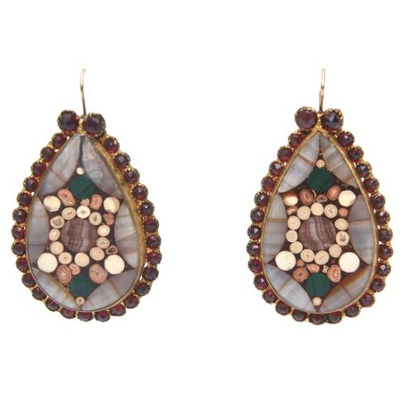 Pair of Vintage Inlay Agate/Quartz/ Stone Dangle / Drop Earrings For Sale at 1stdibs