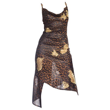 1990s Galliano Christian Dior Leopard Jersey Dress With Metallic Gold Lace For Sale at 1stdibs