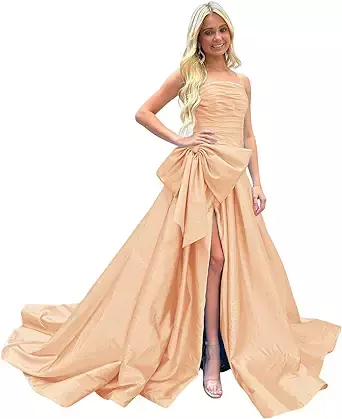 Fashionbride Women's Strapless Prom Dresses Long Ball Gown Satin Pleated A-line Formal Party Dress with Slit at Amazon Women’s Clothing store