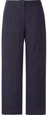 Cropped Linen Straight-leg Pants - Midnight blue
