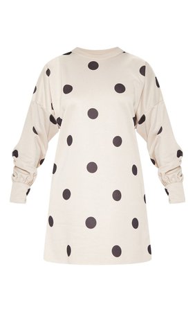 Beige Polka Dot Oversized Sweater Dress | PrettyLittleThing