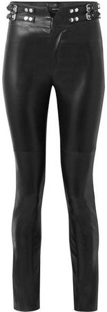 Meydie Embellished Leather Skinny Pants - Black