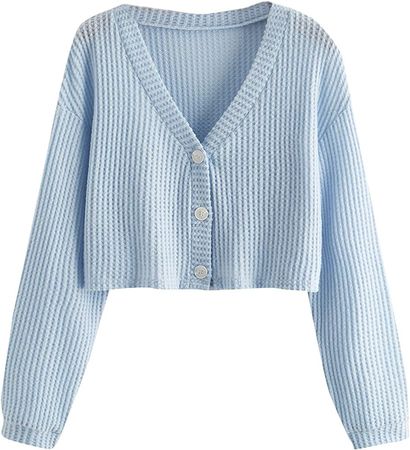 SweatyRocks Women's Long Sleeve Plaid Button Front V Neck Soft Knit Cardigan Sweaters Pale Blue S at Amazon Women’s Clothing store