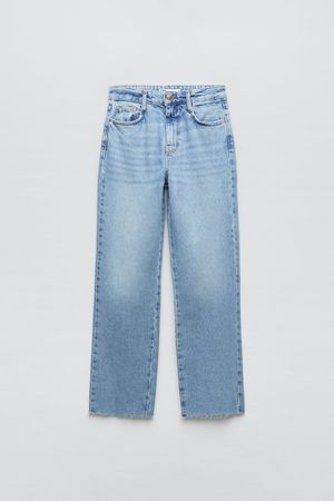 High rise five pocket jeans. Washed effect. Straight leg and unfinished hem. Front zip and metal button closure. - Mid-blue | ZARA United States