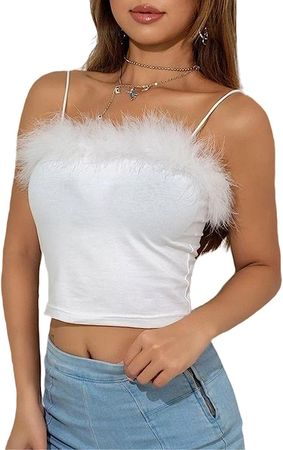 JUMISEE Women Sexy Faux Fur Trim Spaghetti Strap Crop Camisole Cami Vest Tank Top White at Amazon Women’s Clothing store