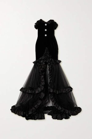 Ruffled Silk Satin-trimmed Crystal-embellished Velvet And Tulle Gown - Black