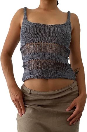 Sunloudy Women Crochet Knit Crop Tank Tops Sleeveless Backless Low Cut Halter Tie Up Slim Fit Sweater Vest at Amazon Women’s Clothing store
