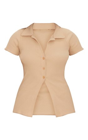 Cream Rib Split Hem Short Sleeve Shirt | Tops | PrettyLittleThing USA