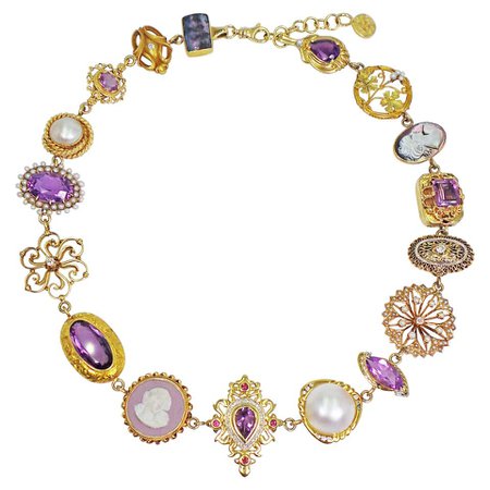 Amethyst, Pearl and Multi-Gemstone 14 Karat Gold Bohemian Necklace