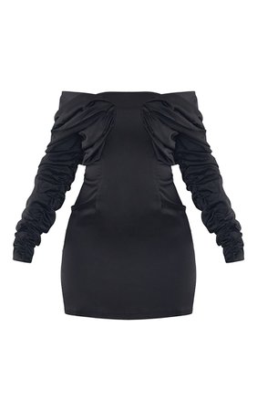 Black Pleated Satin Bardot Bodycon Dress | PrettyLittleThing USA