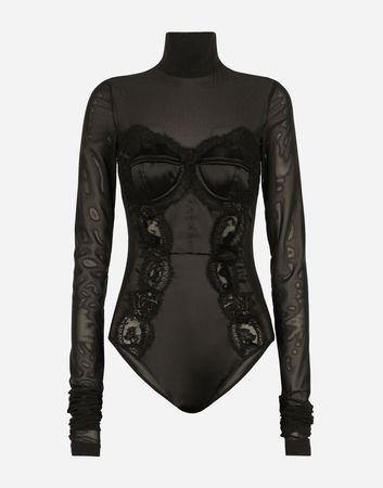 Long-sleeved tulle and lace bodysuit in Black for Women | Dolce&Gabbana®