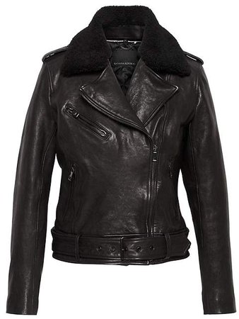 Leather Moto Jacket with Shearling Collar