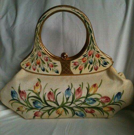 cream floral vintage clutch with gold bangle handle