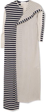 Asymmetric Striped Jersey And Cotton Dress - Navy