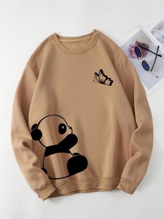Plus Panda and Butterfly Print Thermal Lined Sweatshirt | SHEIN