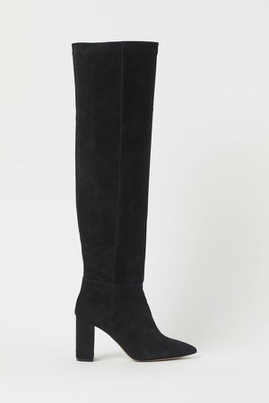 Suede Knee-high Boots - Black