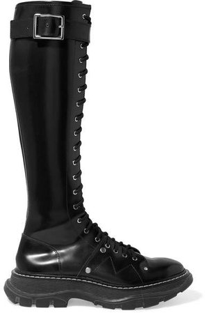 Glossed-leather Exaggerated-sole Knee Boots - Black