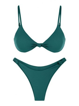 ZAFUL Textured Knotted Cheeky Bikini Swimwear In LIGHT GREEN