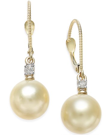 Macy's 14k Gold Cultured Golden South Sea Pearl and Diamond Drop Earrings
