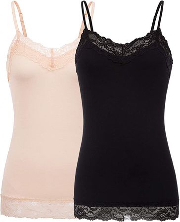 Women's Adjustable Spaghetti Strap Lace Trim Cami Tunic Tank Top (S,2 Pack Black and White) at Amazon Women’s Clothing store