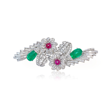 emerald and pink sapphire brooch