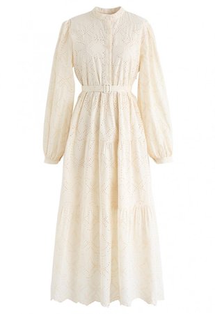 Buttoned Eyelet Embroidered Belted Dress in Cream - NEW ARRIVALS - Retro, Indie and Unique Fashion