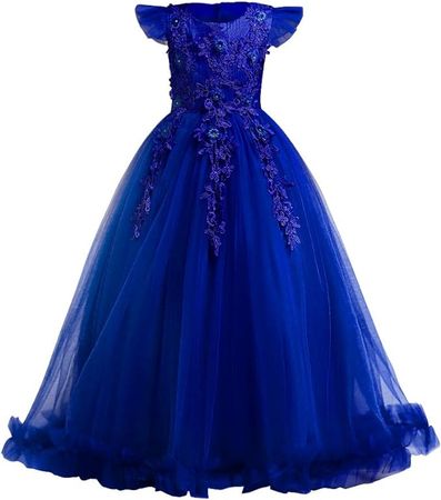 Amazon.com: Big Little Girl Princess Embroidery Flower Lace Long A Line Pageant Dress Kids Floor Length Prom First Holy Communion Bowknot Dress Puffy Tulle Maxi Ball Gown for Wedding Party Birthday Blue 5-6: Clothing, Shoes & Jewelry