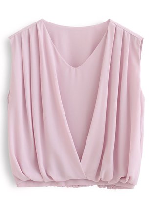 Sleeveless V-Neck Pleated Chiffon Top in Pink - Retro, Indie and Unique Fashion