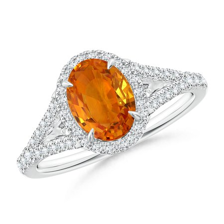 Claw-Set Oval Orange Sapphire Split Shank Halo Ring