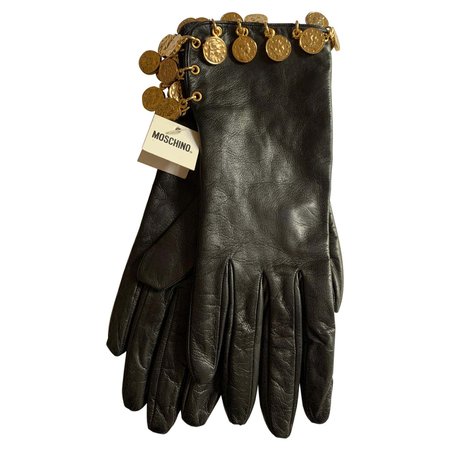 Unworn 1990s Moschino Black Leather Gold Roman Coin Charm Gloves For Sale at 1stDibs