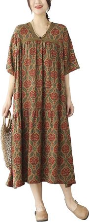 ellazhu Women's Summer Half Sleeve V-Neck Midi Dress at Calf Length Floral Print Dress GA2633 Coffee at Amazon Women’s Clothing store