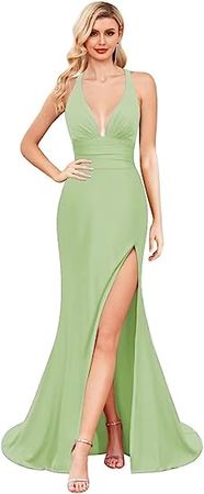 Halter Backless Bridesmaid Dresses Mermaid Satin Prom Dress with Slit V Neck Formal Evening Party Gown at Amazon Women’s Clothing store