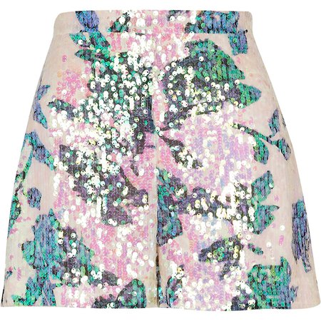 River Island Pink floral sequin shorts