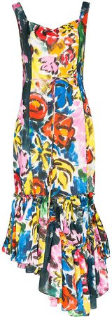 Asymmetric Ruffled Floral-Print Midi Dress
