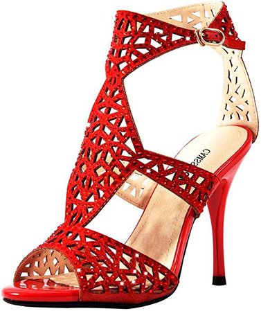 CAMSSOO Women's Ankle Strap High Heels Sandals, Open Toe Rhinestone Hollow Out Heeled Pumps Shoes Red Velvet