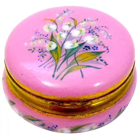 Antique French Pink Enamelled Pill Box with Lilly of the Valley : Grand Tour Antiques | Ruby Lane