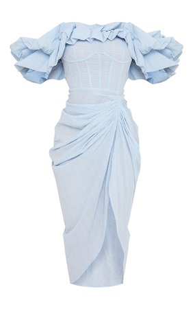 Baby Blue Textured Woven Frill Edge Draped Midi Dress | PrettyLittleThing USA