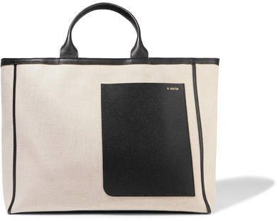 Shopping Two-tone Leather-trimmed Canvas Tote - Beige